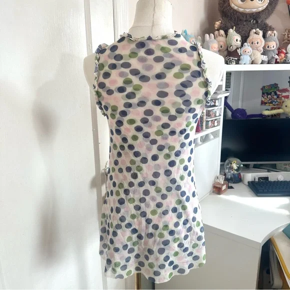 Y2K blue, green, pink and white mesh polka dot tank top with ruffles - Picture 6 of 7